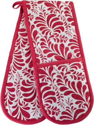 Kitchen BBQ Christmas Red Double Oven Mitts Gloves | Extra Long & Thick, Heat Resistant | Quilted Cloth Attached 1 Piece Oven Gloves | 100% Cotton Pretty Elegant Pattern Holiday Pot Holder
