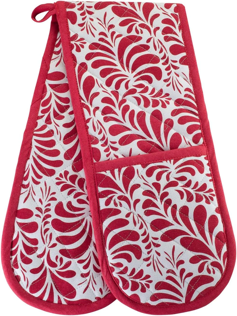 Kitchen BBQ Christmas Red Double Oven Mitts Gloves | Extra Long & Thick, Heat Resistant | Quilted Cloth Attached 1 Piece Oven Gloves | 100% Cotton Pretty Elegant Pattern Holiday Pot Holder