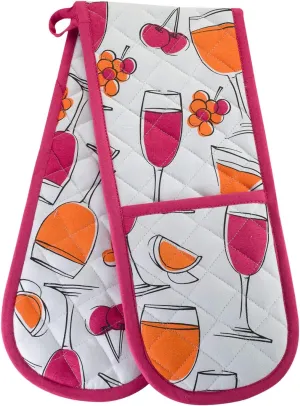 Kitchen BBQ Modern Fun Party Double Oven Mitts Gloves | Extra Long & Thick, Heat Resistant | Quilted Cloth Attached 1 Piece Oven Gloves | 100% Cotton Wine Christmas Champagne Pot Holder