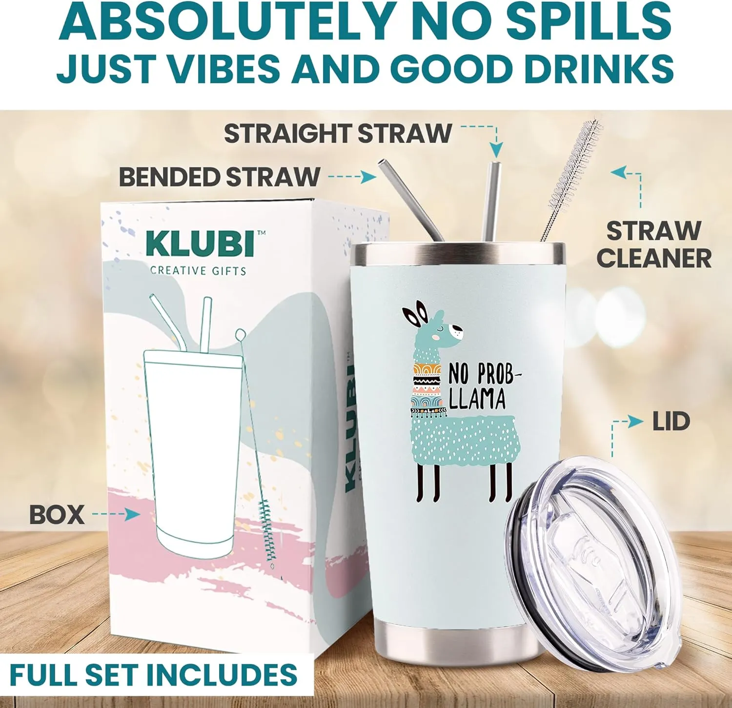 KLUBI Llama Gifts for Women 20 Ounce Mug - No Prob Llama Tumbler with Straw Lama Cup Gift for Mom from Daughter