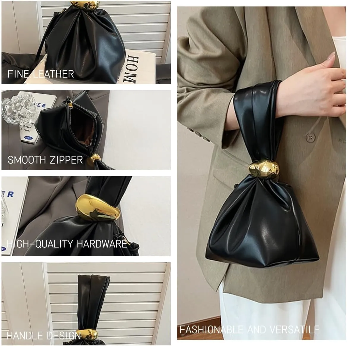 Knot Clutch Purse for Women, Vegan Leather Wristlet, Black & Brown Mini Tote, Stylish Party & Evening Bags, Valentine’s Gift