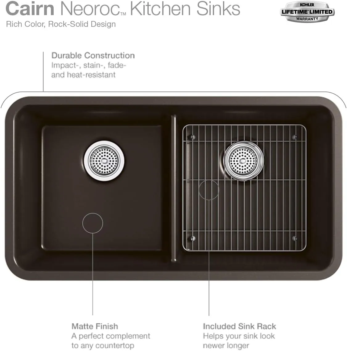 KOHLER K-28000-CM2 Cairn 27.5" Neoroc Composite Undermount Single-Bowl Kitchen Sink, Composite Kitchen Sink with Sink Rack, Matte Brown