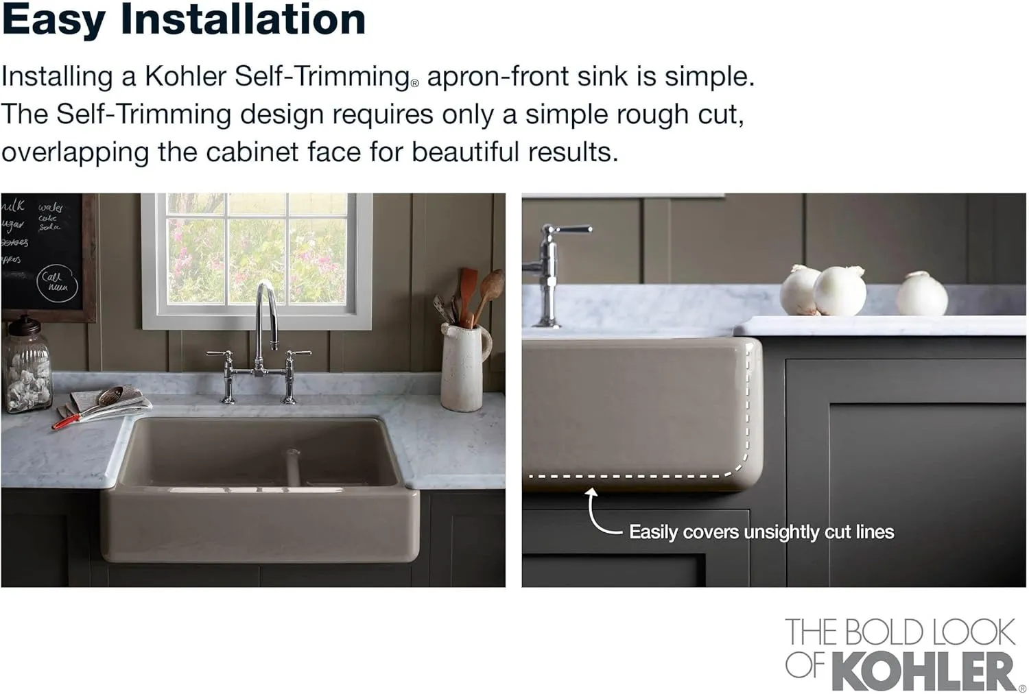 KOHLER K-5827-0 Whitehaven Farmhouse Self-Trimming Undermount Single-Bowl Sink with Tall Apron, White 9.63 x 21.56 x 32.69 inches