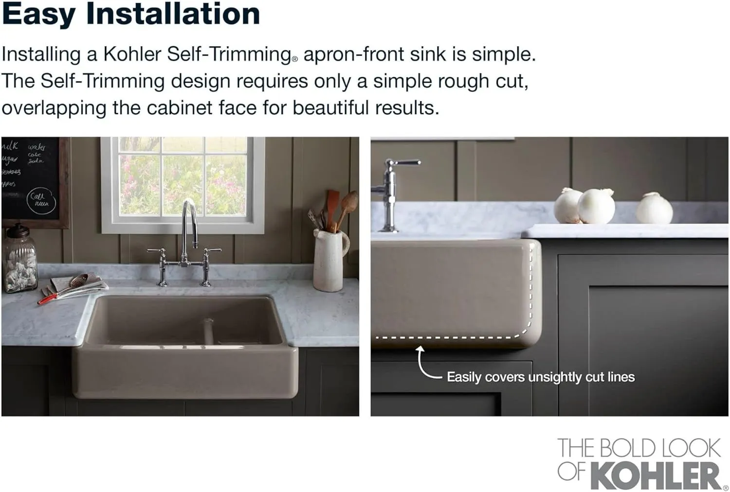 KOHLER K-5827-0 Whitehaven Farmhouse Self-Trimming Undermount Single-Bowl Sink with Tall Apron, White 9.63 x 21.56 x 32.69 inches