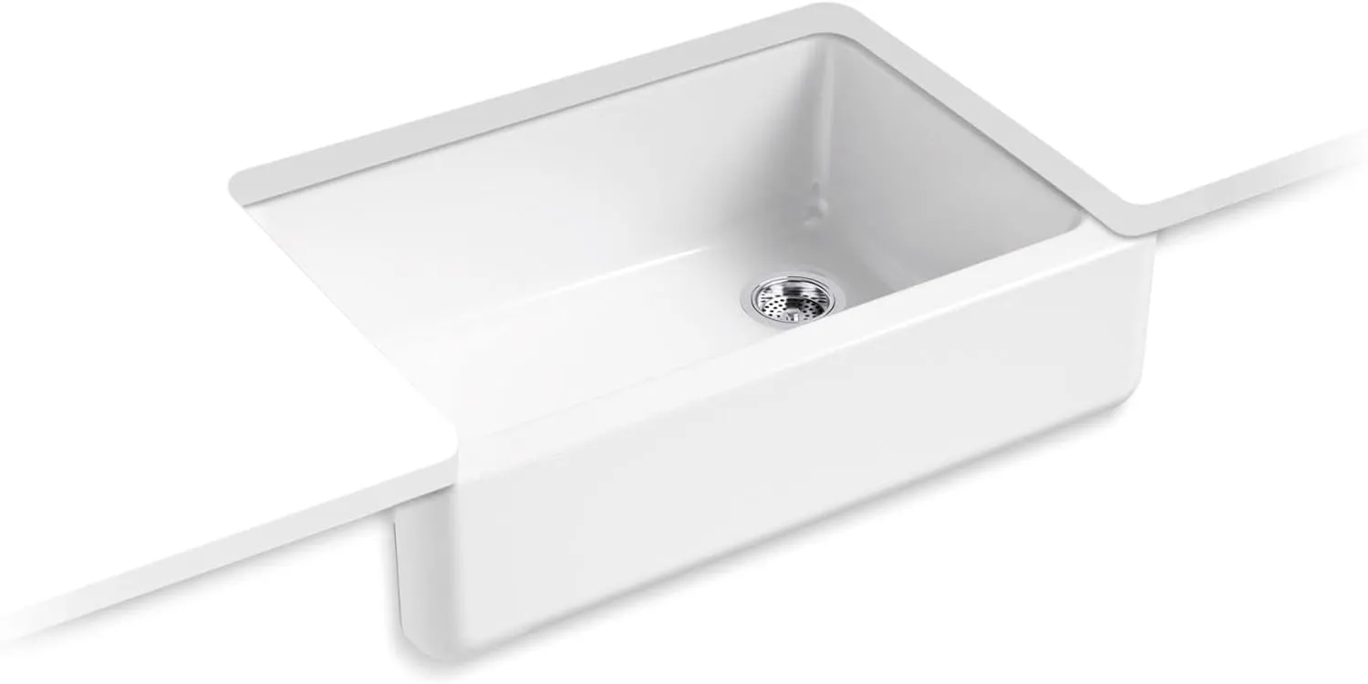 KOHLER K-5827-0 Whitehaven Farmhouse Self-Trimming Undermount Single-Bowl Sink with Tall Apron, White 9.63 x 21.56 x 32.69 inches
