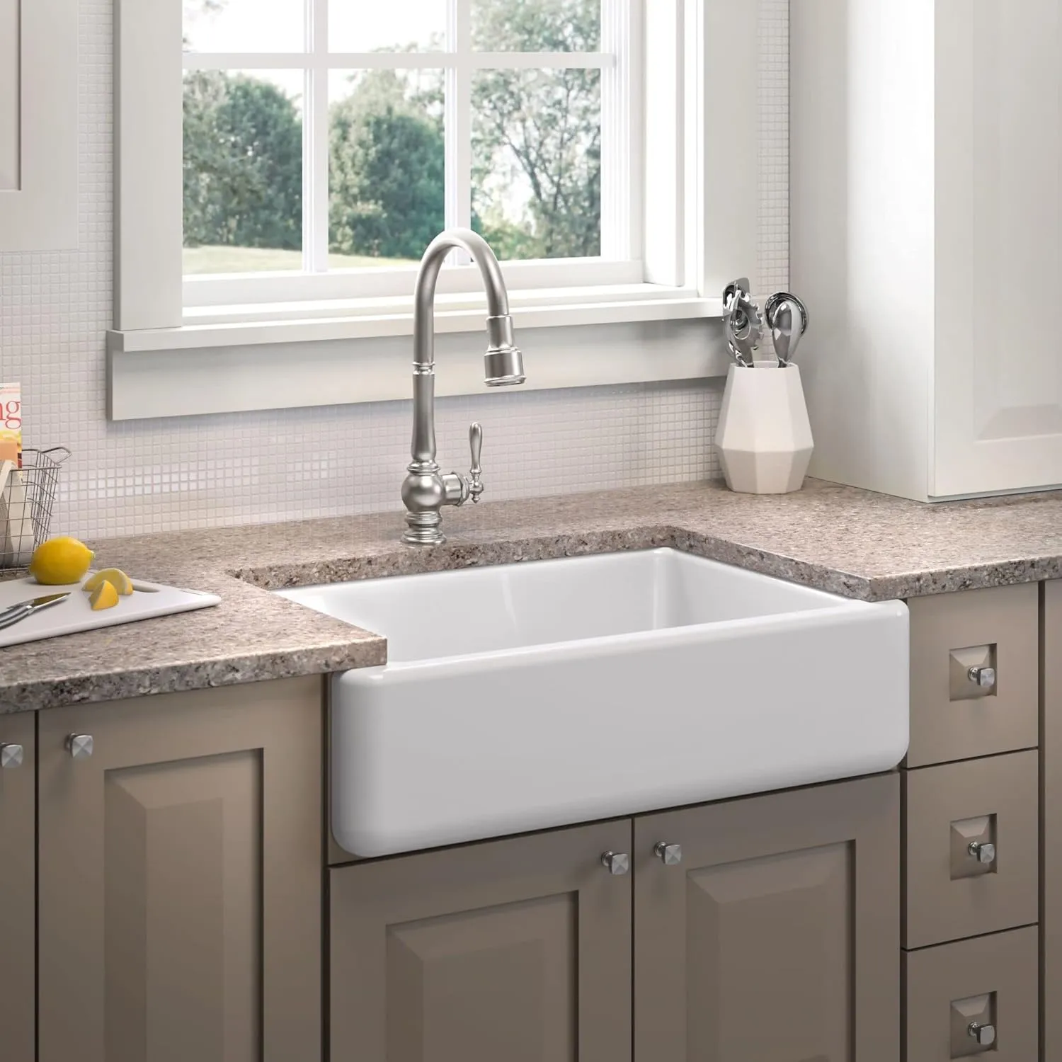 KOHLER K-5827-0 Whitehaven Farmhouse Self-Trimming Undermount Single-Bowl Sink with Tall Apron, White 9.63 x 21.56 x 32.69 inches