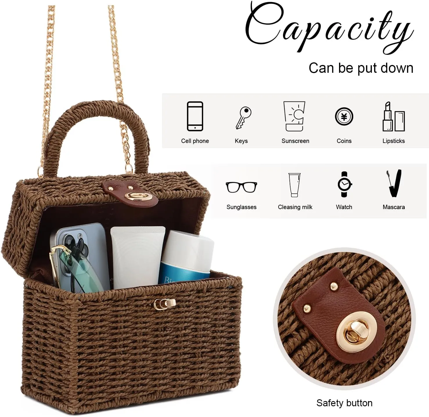 KUANG! Handwoven Rattan Bag for Women Woven Straw Square Crossbody Bag Vintage Basket Purse Beach Tote Bag