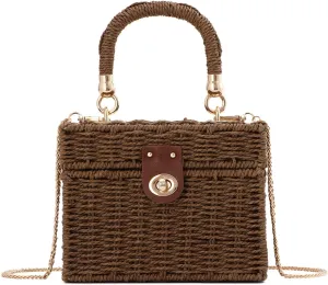 KUANG! Handwoven Rattan Bag for Women Woven Straw Square Crossbody Bag Vintage Basket Purse Beach Tote Bag