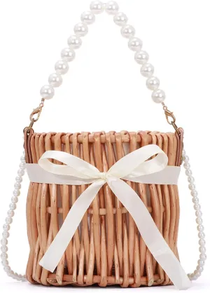 KUANG! Natural Handwoven Wicker Handbag Small Rattan Pearl Basket Purse Straw Beach Crossbody Bag for Women
