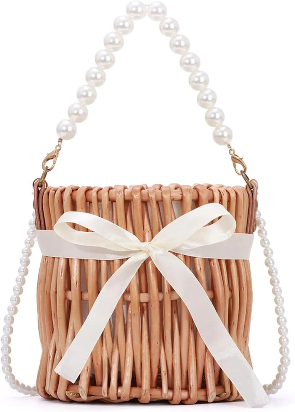 KUANG! Natural Handwoven Wicker Handbag Small Rattan Pearl Basket Purse Straw Beach Crossbody Bag for Women