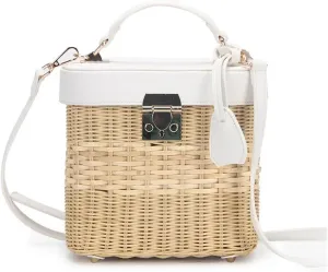 Ladies Leather Strap Single-shoulder Crossbody Bag Handmade Natural Woven Round Rattan Handbags