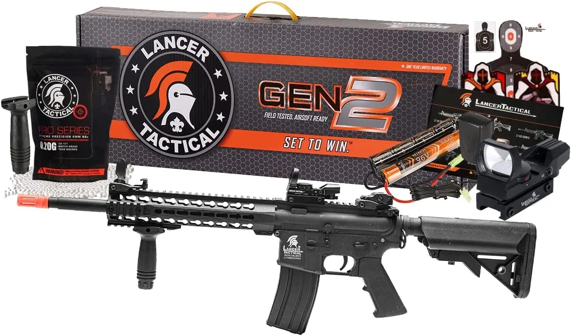 Lancer Tactical Gen 2 M4 Carbine 10'' Keymod Piactinny Polymer Airsoft Gun with Red Dot & Grip - Includes 9.6v Nimh Battery, Charger, and 1000 Rounds of 0.20g BBS