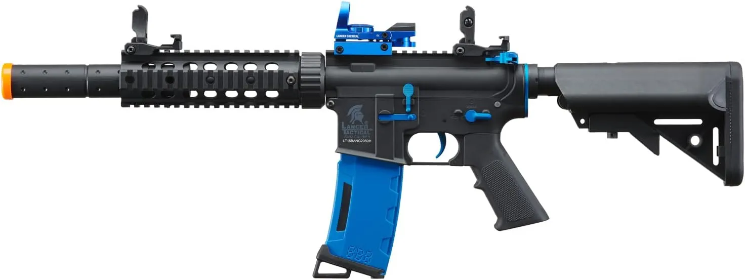 Lancer Tactical Gen 2 M4 SD Blue Carbine Combo Airsoft AEG Rifle with Red Dot Sight (9.6v Nimh Battery, Charger, 1000 Rounds 0.20g BBS Included)