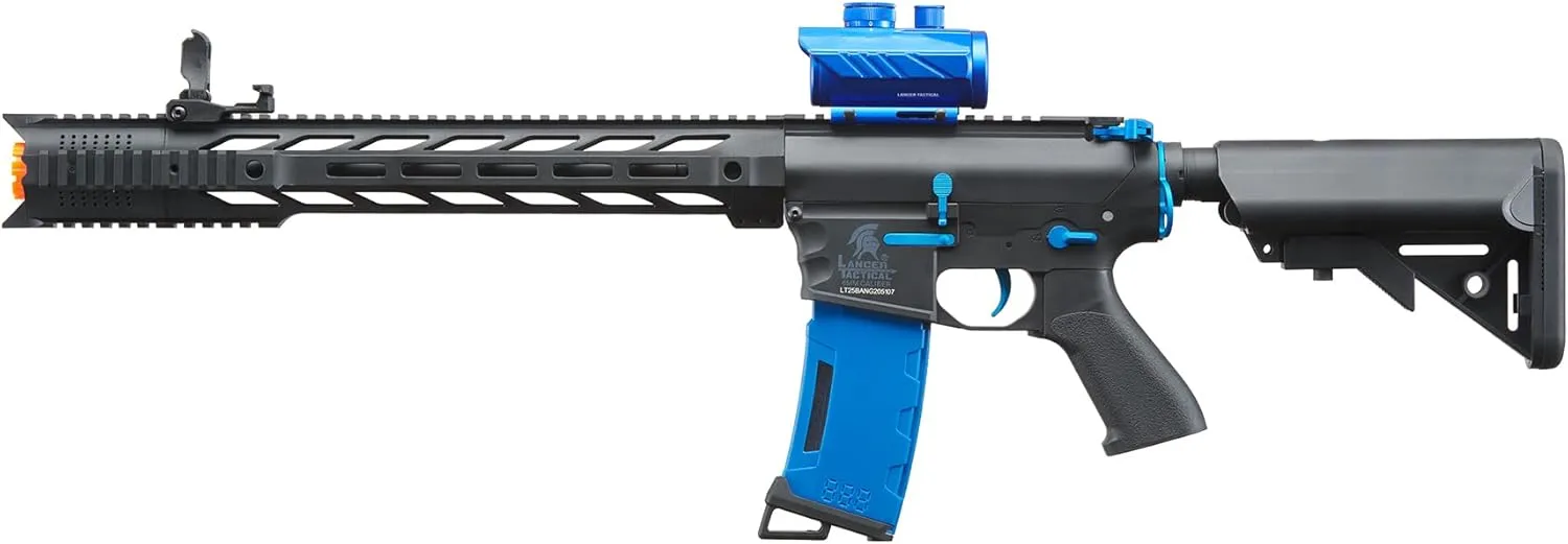 Lancer Tactical Gen 2 M4 SPR Carbine Blue Airsoft AEG Rifle with Full Metal Gearbox & High Speed Mid Mag-Red Dot Sight, 9.6v 1600 mAh Nimh Battery, Charger, 1000 Rounds 0.20g BBS Included