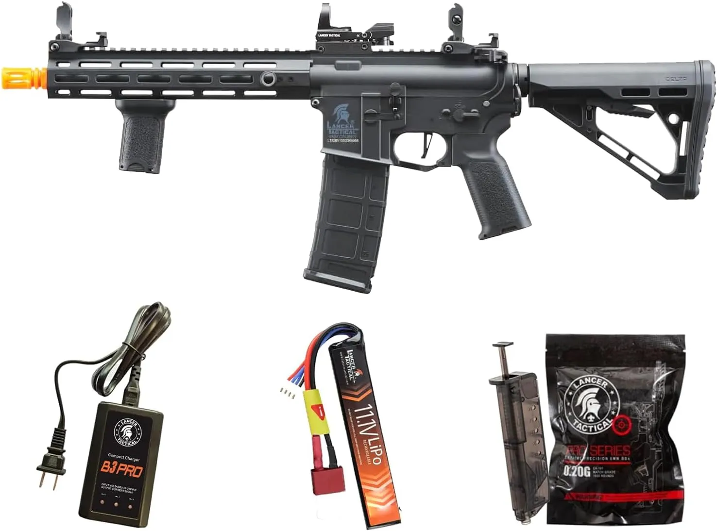 Lancer Tactical Gen 3 Hellion MLOK 10" Delta Stock Airsoft Rifle Lipo Battery Pack with Red Dot Sight & Grip