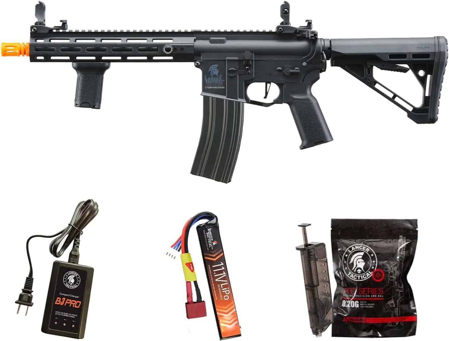 Lancer Tactical Gen 3 Hellion MLOK 10" Delta Stock Airsoft Rifle Lipo Battery Pack with Red Dot Sight & Grip