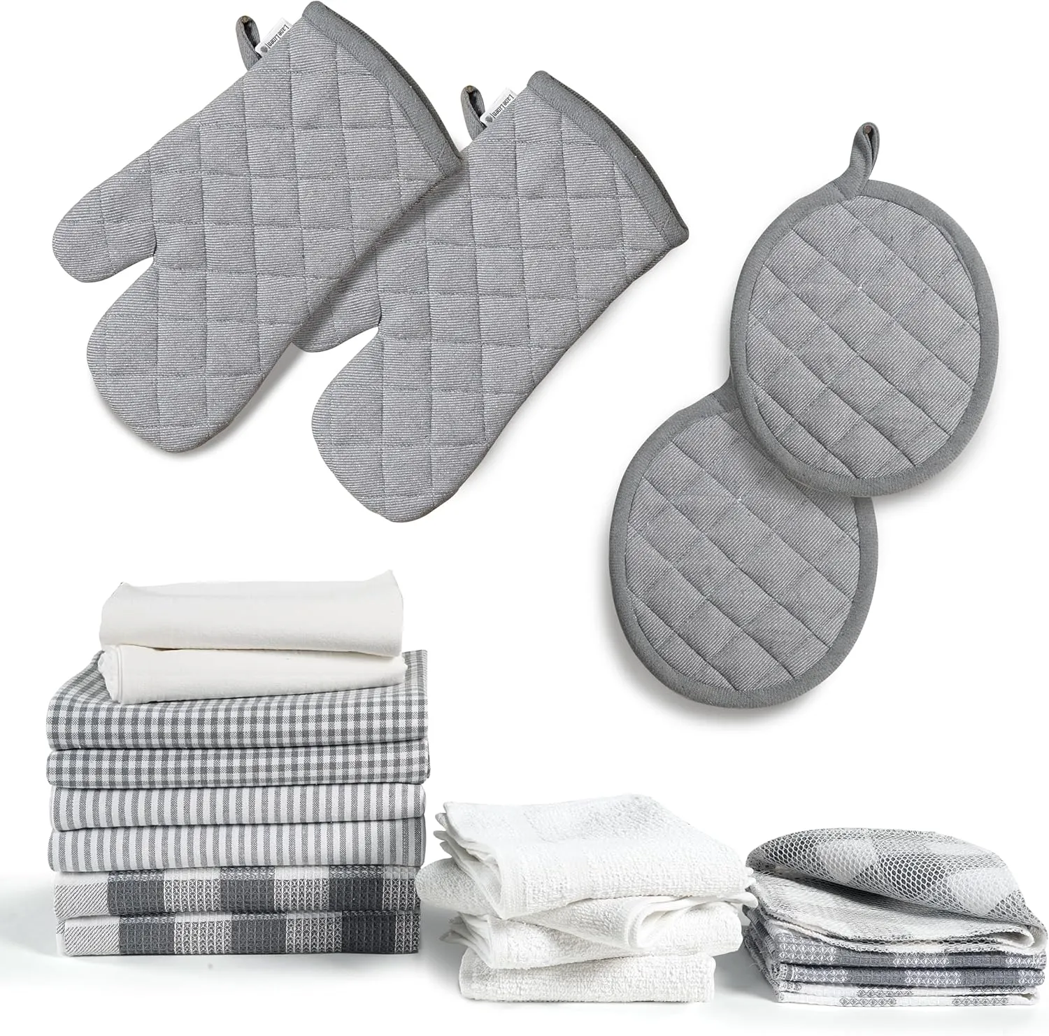 Lane Linen Kitchen Towels and Dishcloths Sets - 20 Pc Kitchen Essentials for New Home, Heat Resistant Oven Mitts & Pot Holder, Absorbent Flour Sack Dish Towels, Dish Towels for Kitchen - Grey, Gray