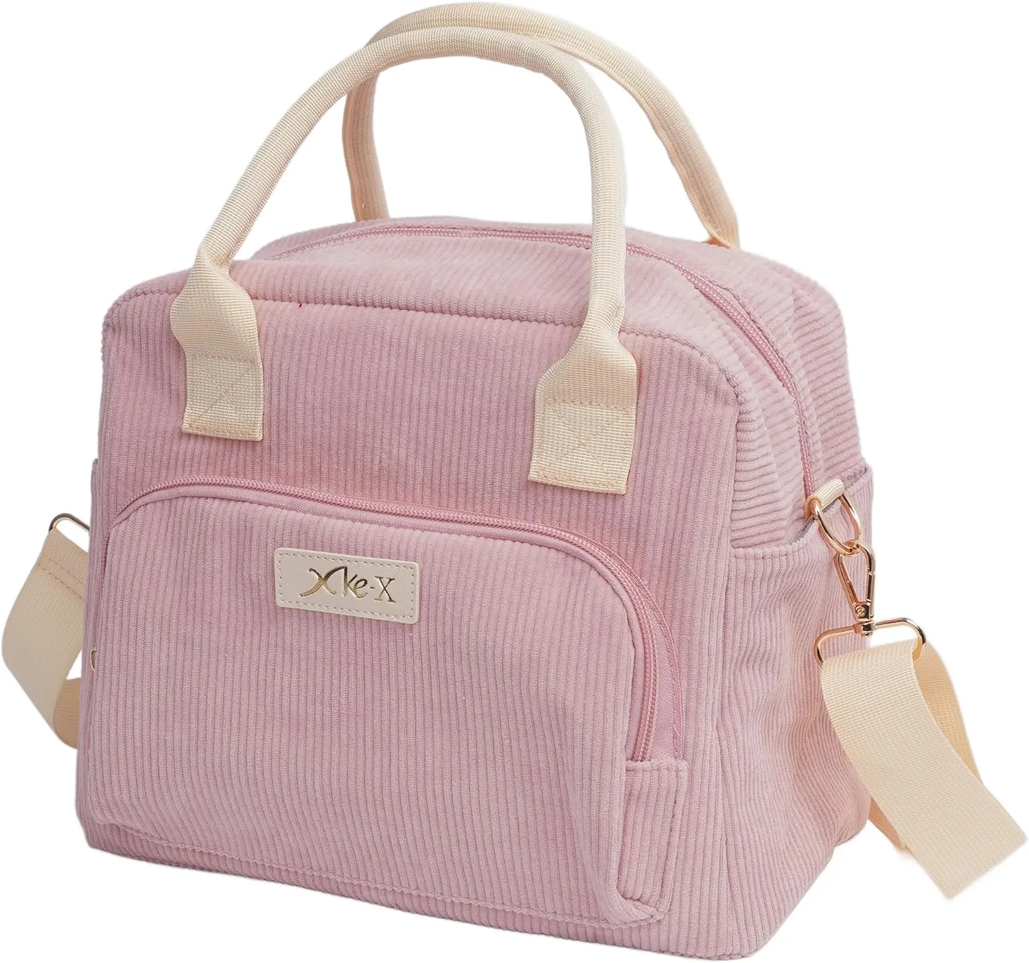 Large Insulated Lunch Bag for Women & Men - Reusable Leakproof Cooler Corduroy Lunch Box for Work, Picnic, Office, Gym, Hiking, Camping -Lunch Tote with Shouder Strap & Multiple Pockets -Pink