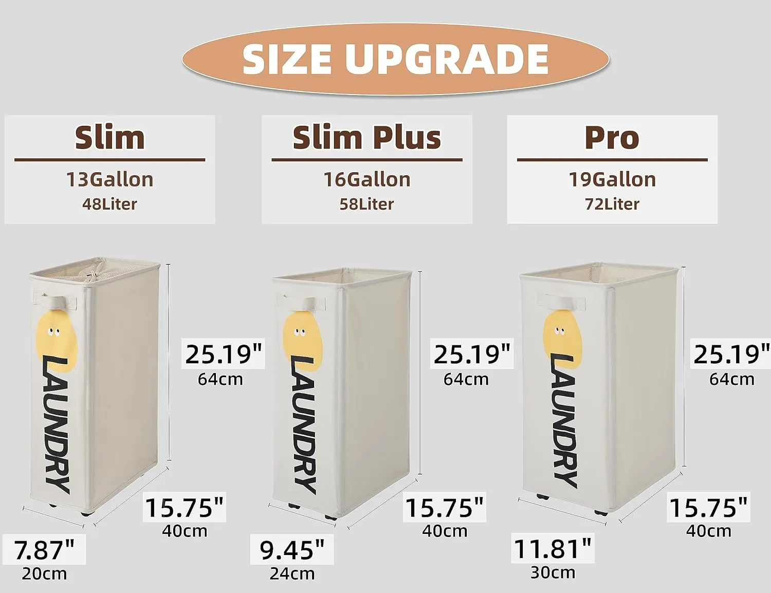 Laundry Basket with Wheels, Narrow Thin Tall Rolling Collapsible Foldable Laundry Hamper, Waterproof Corner Dirty Clothes Laundry Bin, Handle on Both Side, 72L (Pro/19Gal, Beige)
