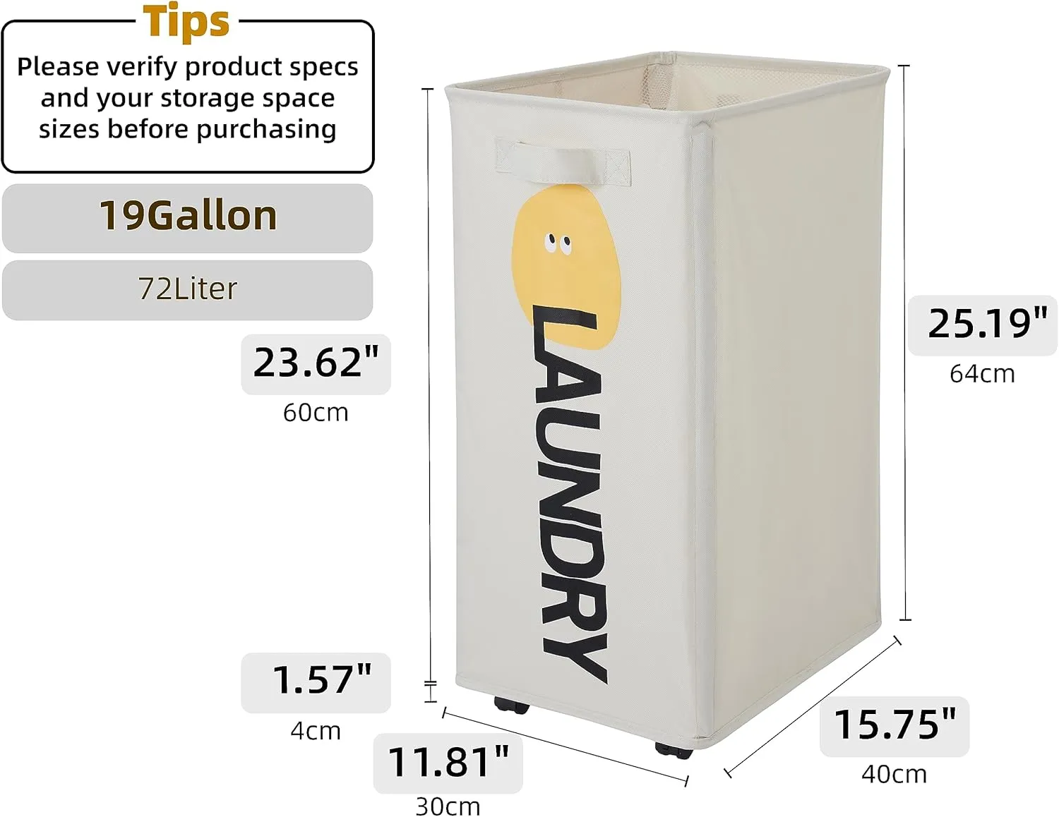 Laundry Basket with Wheels, Narrow Thin Tall Rolling Collapsible Foldable Laundry Hamper, Waterproof Corner Dirty Clothes Laundry Bin, Handle on Both Side, 72L (Pro/19Gal, Beige)