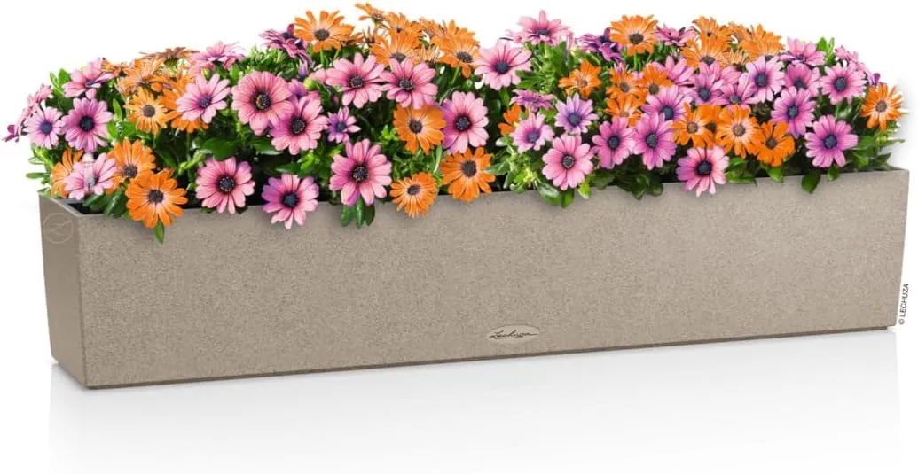 Lechuza -BALCONERA Stone 100 Planter, Sand Beige, Balcony Box with Watering System, Water Level Indicator and Plant Insert, Stone Look, 99 x 19 x 19 cm, 15437