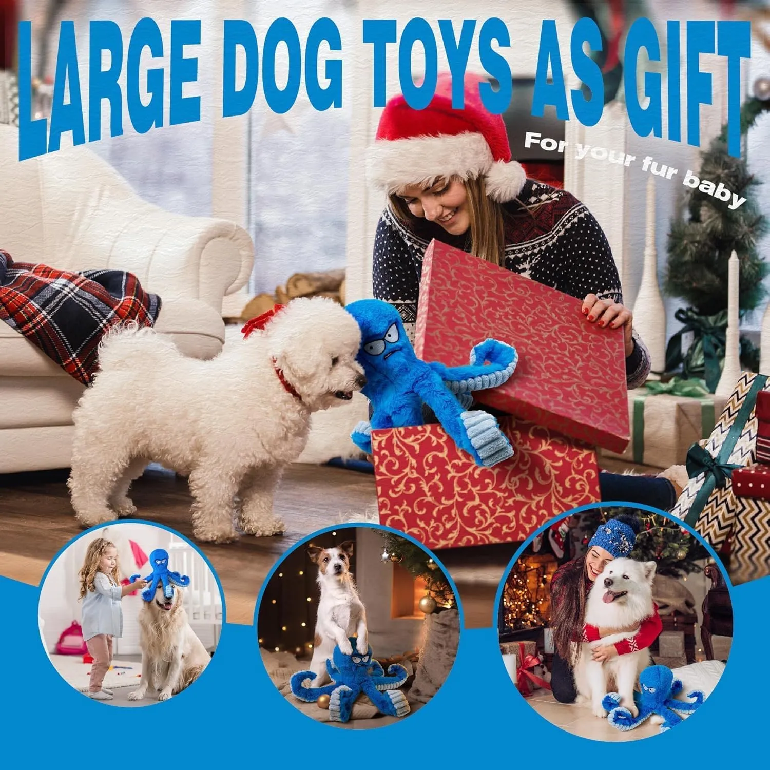 LEGEND SANDY Tough Dog Toys, Stuffed Chew Large Dog Toys to Keep Them Busy, Interactive Squeaky Tug of War Doggie Toy, Crinkle Blue Octopus (Blue Octopus 2p)