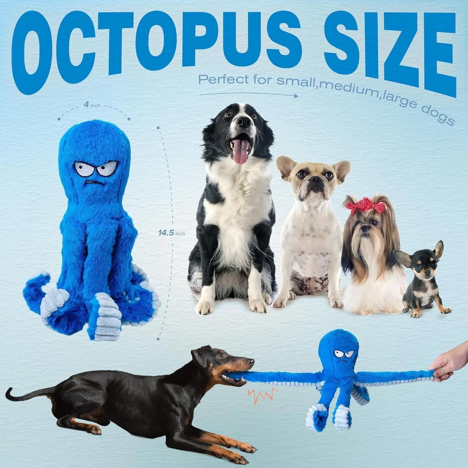 LEGEND SANDY Tough Dog Toys, Stuffed Chew Large Dog Toys to Keep Them Busy, Interactive Squeaky Tug of War Doggie Toy, Crinkle Blue Octopus (Blue Octopus 2p)