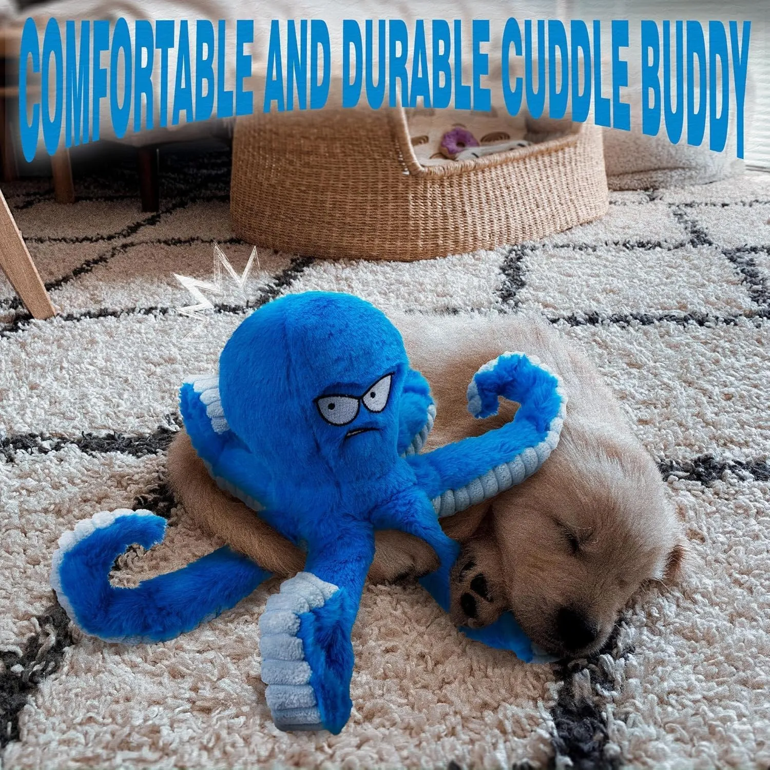 LEGEND SANDY Tough Dog Toys, Stuffed Chew Large Dog Toys to Keep Them Busy, Interactive Squeaky Tug of War Doggie Toy, Crinkle Blue Octopus (Blue Octopus 2p)