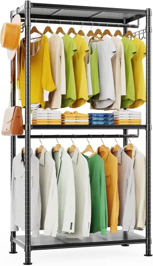 LEHOM G1 Heavy Duty Clothes Rack, 3 Tiers Rolling Garment Rack for Hanging Clothes, Adjustable Wire Clothing Rack with Storage Shelves, Lockable Wheels Freestanding Closet Wardrobe for Bedroom