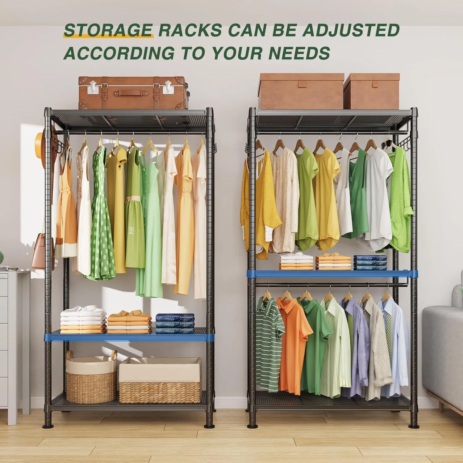 LEHOM G1 Heavy Duty Clothes Rack, 3 Tiers Rolling Garment Rack for Hanging Clothes, Adjustable Wire Clothing Rack with Storage Shelves, Lockable Wheels Freestanding Closet Wardrobe for Bedroom