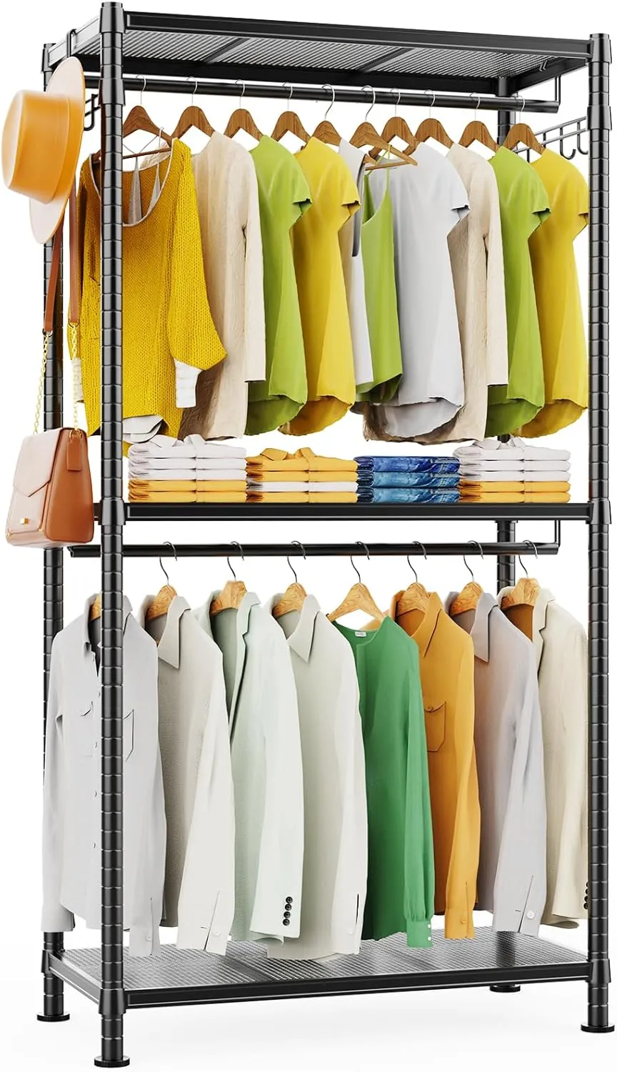 LEHOM G1 Heavy Duty Clothes Rack, 3 Tiers Rolling Garment Rack for Hanging Clothes, Adjustable Wire Clothing Rack with Storage Shelves, Lockable Wheels Freestanding Closet Wardrobe for Bedroom