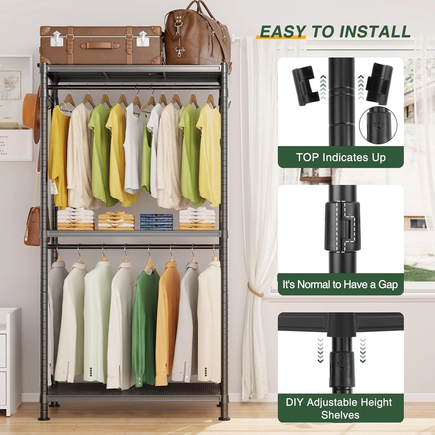 LEHOM G1 Heavy Duty Clothes Rack, 3 Tiers Rolling Garment Rack for Hanging Clothes, Adjustable Wire Clothing Rack with Storage Shelves, Lockable Wheels Freestanding Closet Wardrobe for Bedroom