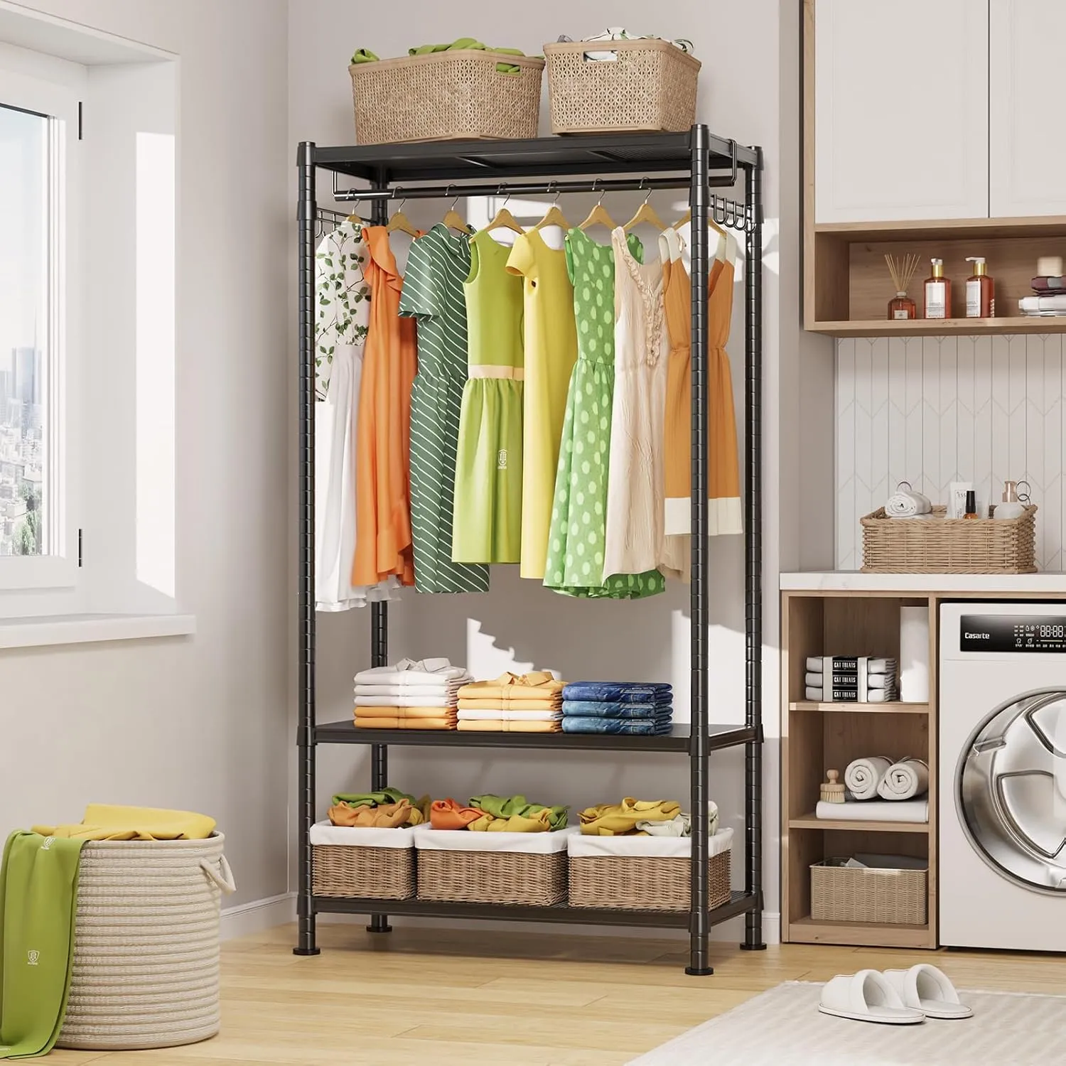 LEHOM G1 Heavy Duty Clothes Rack, 3 Tiers Rolling Garment Rack for Hanging Clothes, Adjustable Wire Clothing Rack with Storage Shelves, Lockable Wheels Freestanding Closet Wardrobe for Bedroom