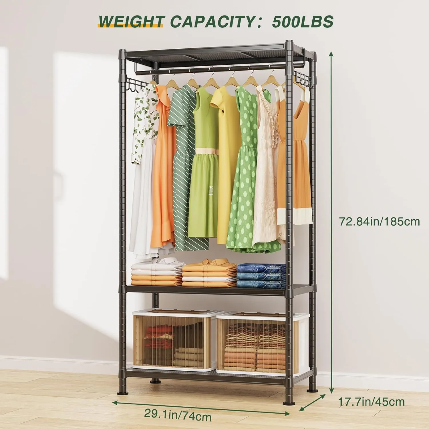 LEHOM G1 Heavy Duty Clothes Rack, 3 Tiers Rolling Garment Rack for Hanging Clothes, Adjustable Wire Clothing Rack with Storage Shelves, Lockable Wheels Freestanding Closet Wardrobe for Bedroom