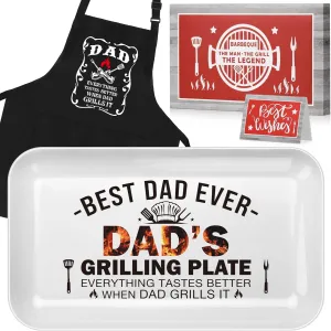 LEJIAJINW Fathers Day Father Gifts for Dad Daddy BBQ Grill Tray Funny Father's Day Ideas for Him Men Grandpa Papa Uncle Brother Husband Anniversary Presents, Dad Birthday Apron Grilling Plate Gift Box