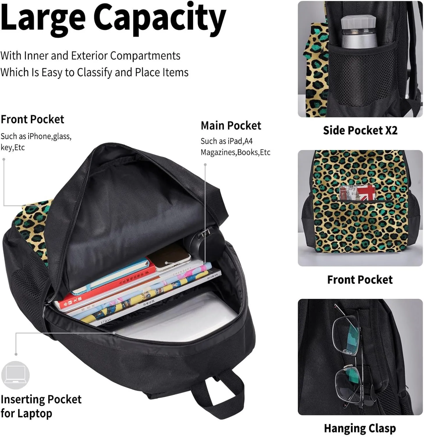 leopard print cheetah Multifunctional Pocket Backpack Crossbody Lunch Bag Pencil Case 3Pcs Set Large Capacity Backpack