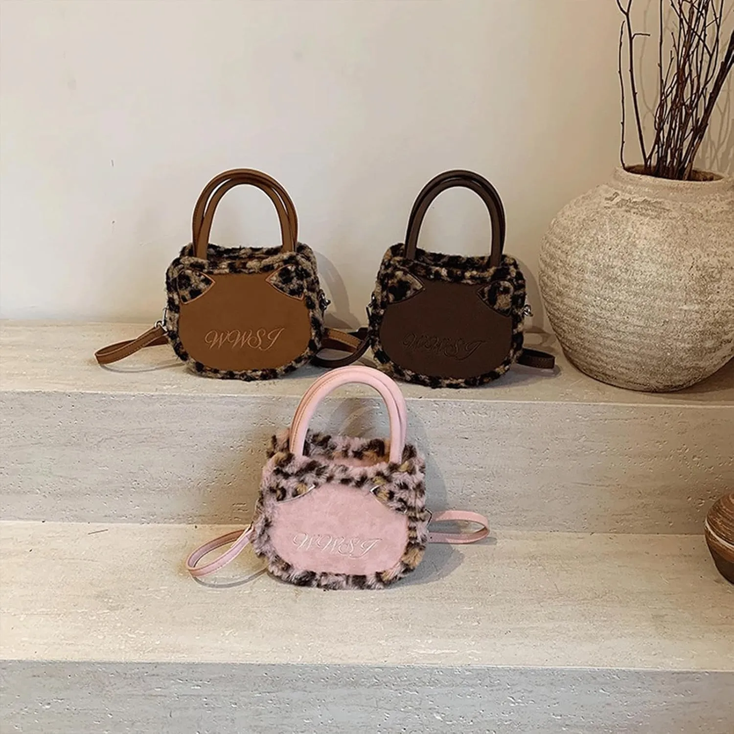 Leopard Purse Cat Ear Kawaii Crossbody Purses Cute Faux Fur Cheetah Vintage Y2K Shoulder Bag for Girls Party