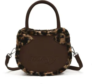 Leopard Purse Cat Ear Kawaii Crossbody Purses Cute Faux Fur Cheetah Vintage Y2K Shoulder Bag for Girls Party