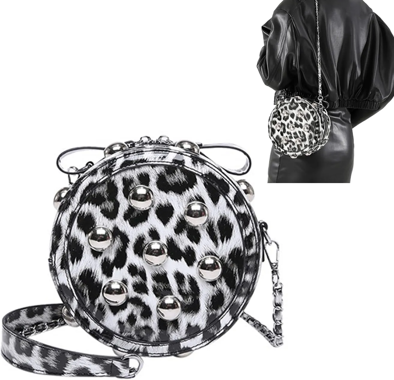 Leopard Purse Cheetah Print Round Shape Crossbody Purses Punk Y2K Studded Shoulder Bag for Girls Party