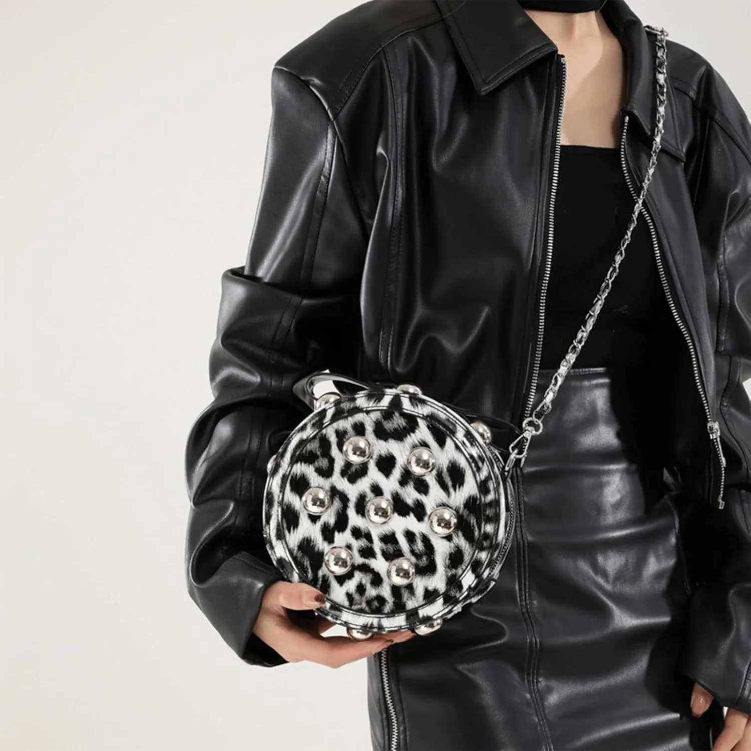 Leopard Purse Cheetah Print Round Shape Crossbody Purses Punk Y2K Studded Shoulder Bag for Girls Party