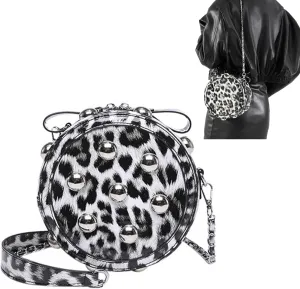 Leopard Purse Cheetah Print Round Shape Crossbody Purses Punk Y2K Studded Shoulder Bag for Girls Party