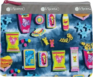 LeSportsac Beach Snacks Classic Hobo Crossbody Bag   Cosmetic Bag, Style 7520/Color F949, Vibrant Pop Art Style Beachy Graphics: Hot Dogs, French Fries & Tropical Drinks, Unique Hot Pink Zip Pull