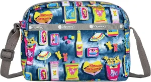 LeSportsac Beach Snacks Daniella Crossbody Bag, Style 2434/Color F949, Vibrant Pop Art Style Beachy Graphics: Hot Dogs, French Fries & Tropical Drinks, Unique Hot Pink Zip Pull