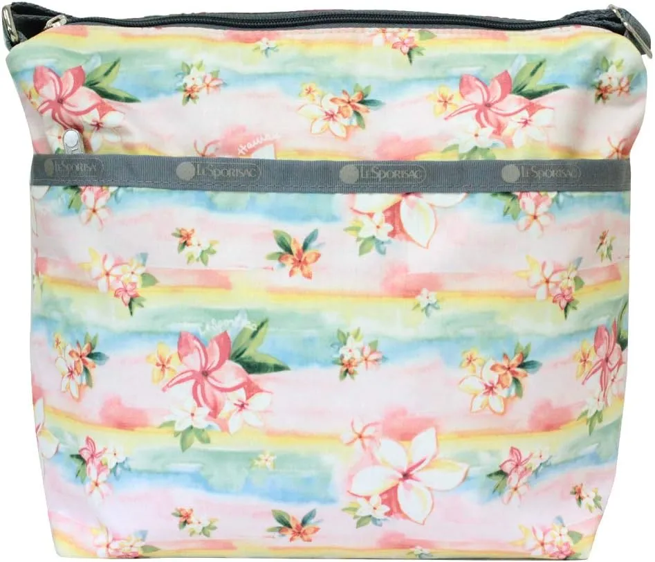 LeSportsac Plumeria Rainbow HAWAII EXCLUSIVE Small Cleo Crossbody Handbag, Style 7562/Color K879, Tropical Hawaiian Plumeria Flowers, Pastel Watercolors, ‘Hawaii’ on Pattern