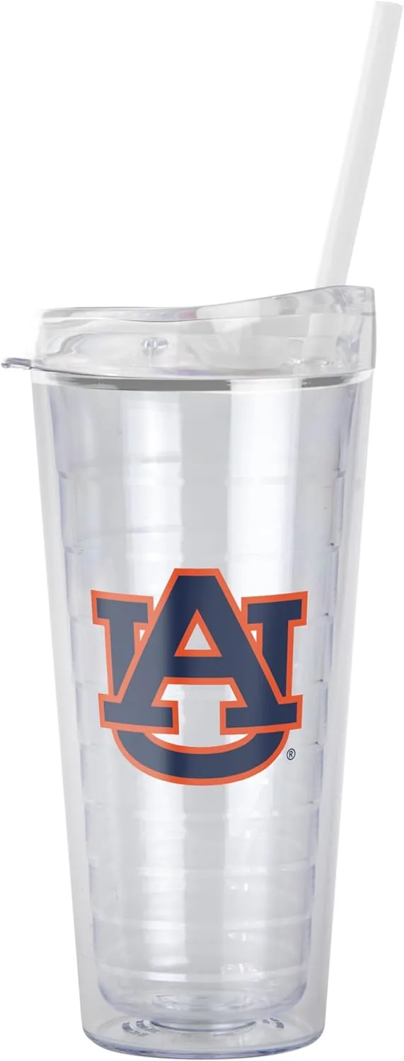 Logo Brands NCAA Auburn Tigers 22 oz Double Wall Clear Tumbler – Includes Straw, Fits Most Cup Holders, Made In The USA, Spill-Resistant Lid, BPA Free