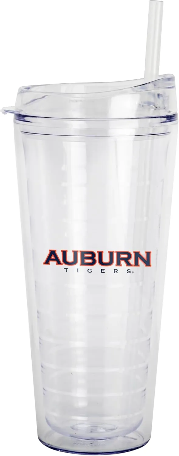 Logo Brands NCAA Auburn Tigers 22 oz Double Wall Clear Tumbler – Includes Straw, Fits Most Cup Holders, Made In The USA, Spill-Resistant Lid, BPA Free