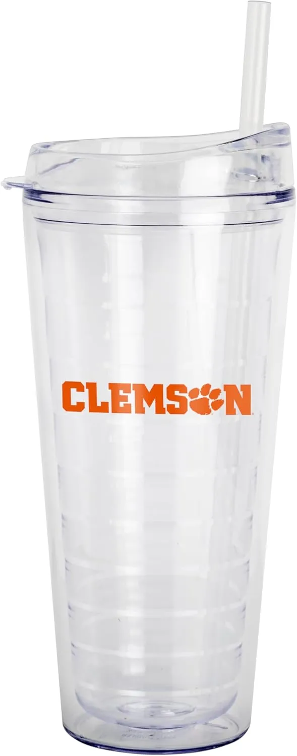 Logo Brands NCAA Clemson Tigers 22 oz Double Wall Clear Tumbler – Includes Straw, Fits Most Cup Holders, Made In The USA, Spill-Resistant Lid, BPA Free