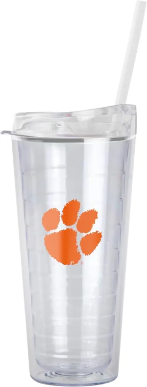Logo Brands NCAA Clemson Tigers 22 oz Double Wall Clear Tumbler – Includes Straw, Fits Most Cup Holders, Made In The USA, Spill-Resistant Lid, BPA Free