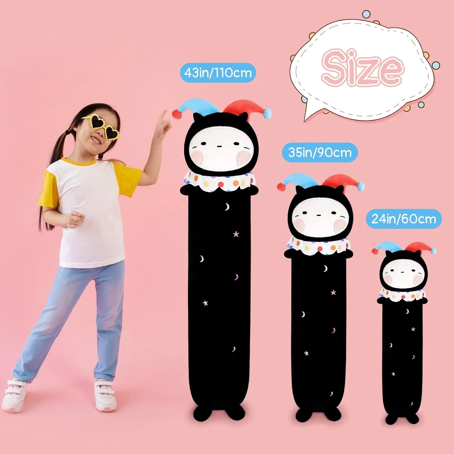 Long Cat Plush Body Pillow, Cute Clown Plush Long Throw Pillow, Kawaii Stuffed Animal Clown Cat Plush Toys for Kids, Boys, Girls (Black,110cm/43in)