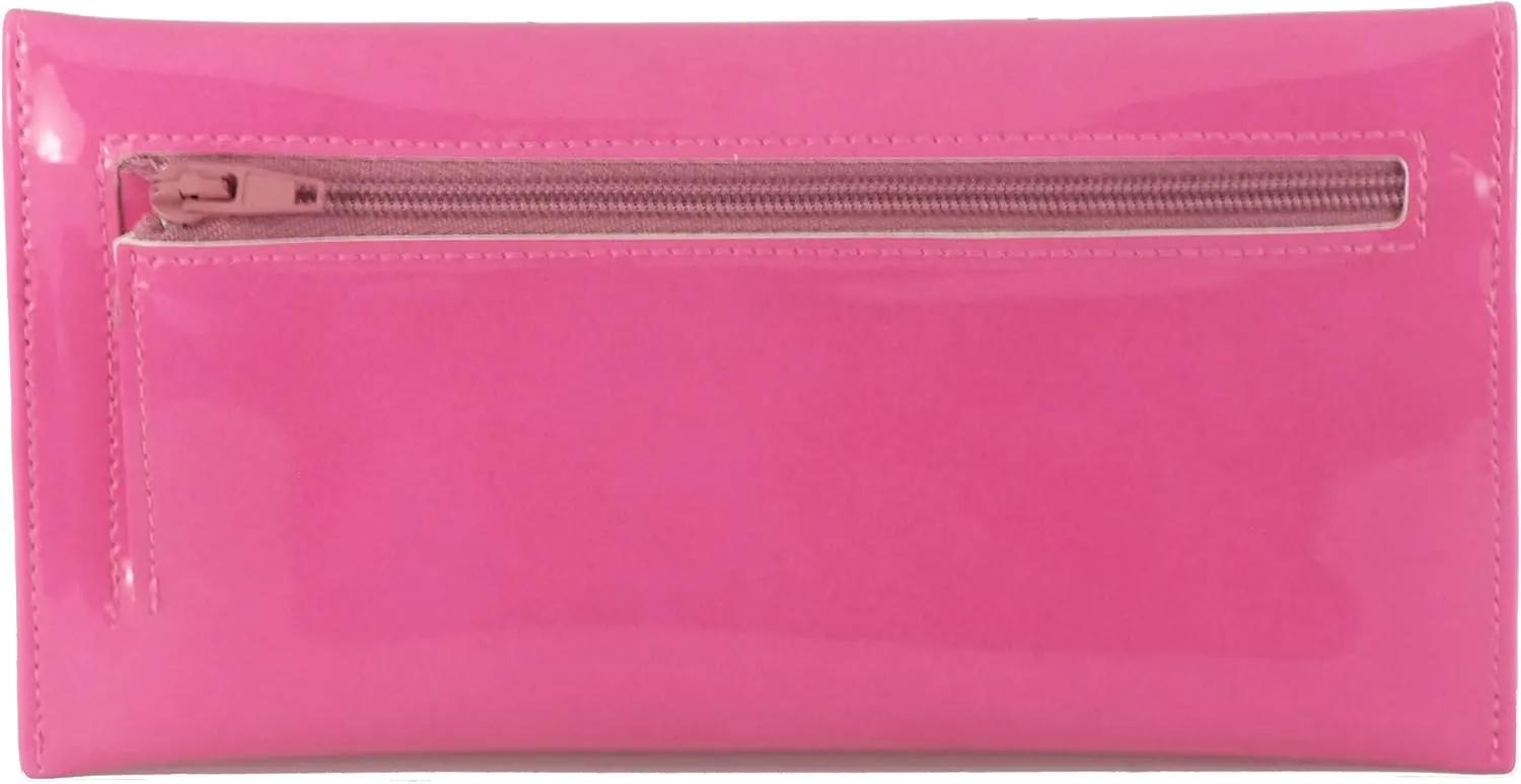 LONI Womens Wallet Clutch Bag Matinee Purse Coin Pouch Patent Faux Leather in Fuschia Pink